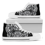 Silver Samurai Mask Print White High Top Shoes