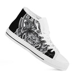 Silver Samurai Mask Print White High Top Shoes