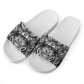 Silver Samurai Mask Print White Slide Sandals