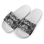 Silver Samurai Mask Print White Slide Sandals