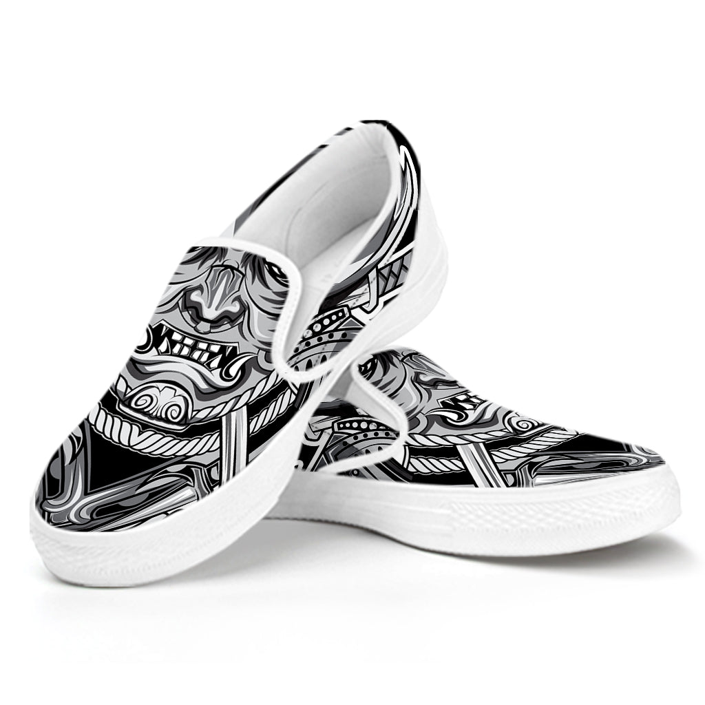 Silver Samurai Mask Print White Slip On Shoes