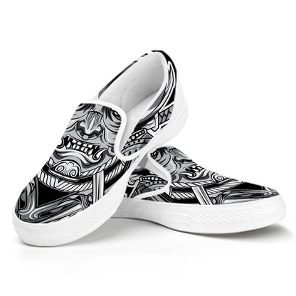 Silver Samurai Mask Print White Slip On Shoes