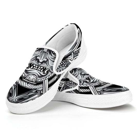 Silver Samurai Mask Print White Slip On Shoes