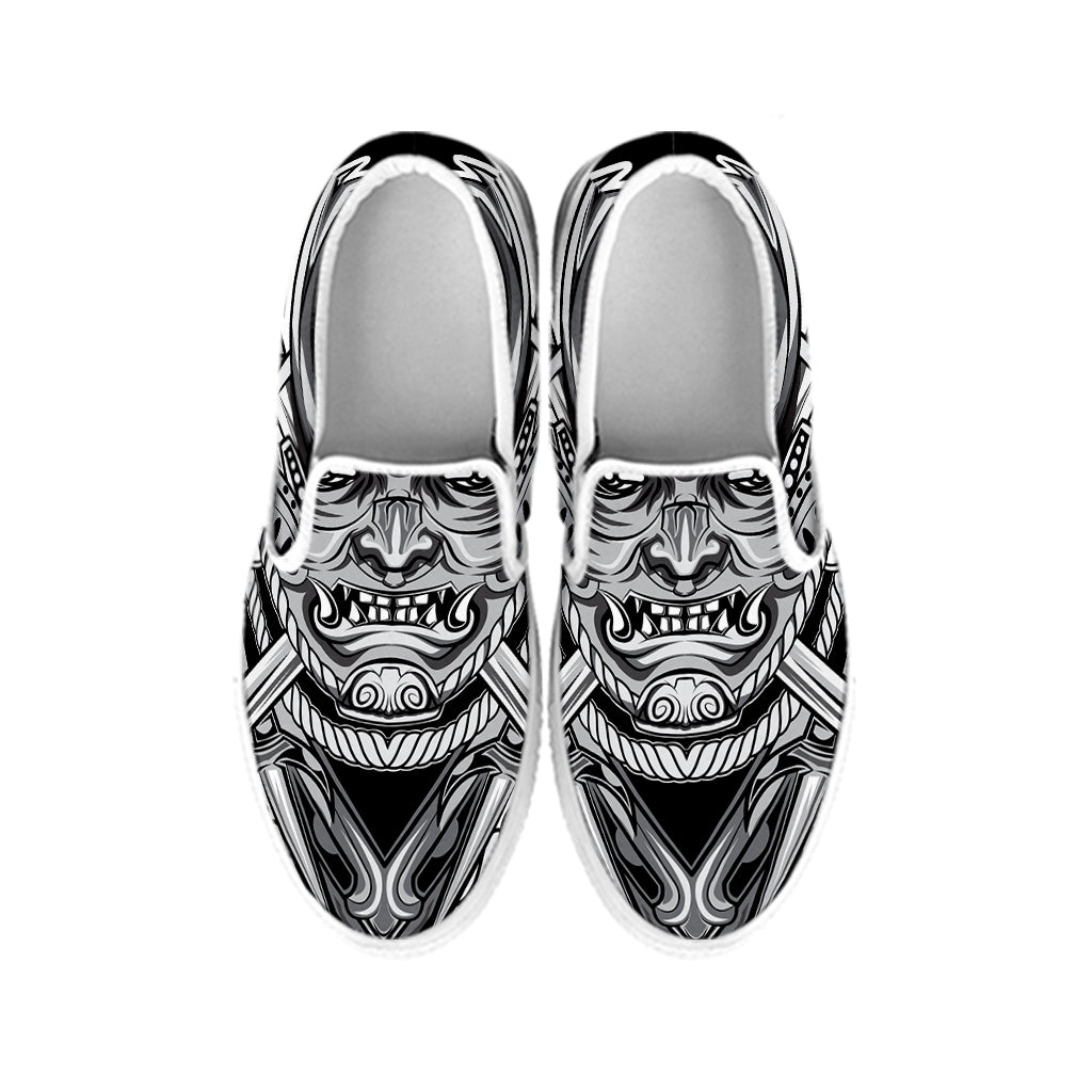 Silver Samurai Mask Print White Slip On Shoes