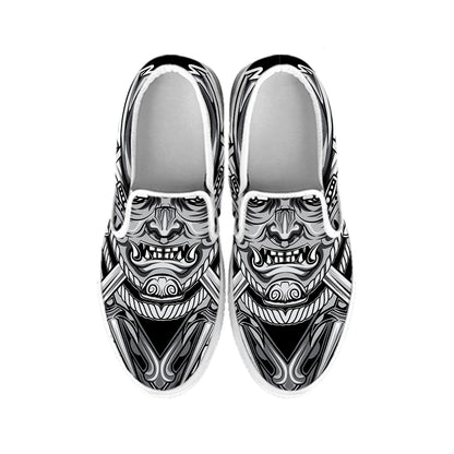 Silver Samurai Mask Print White Slip On Shoes