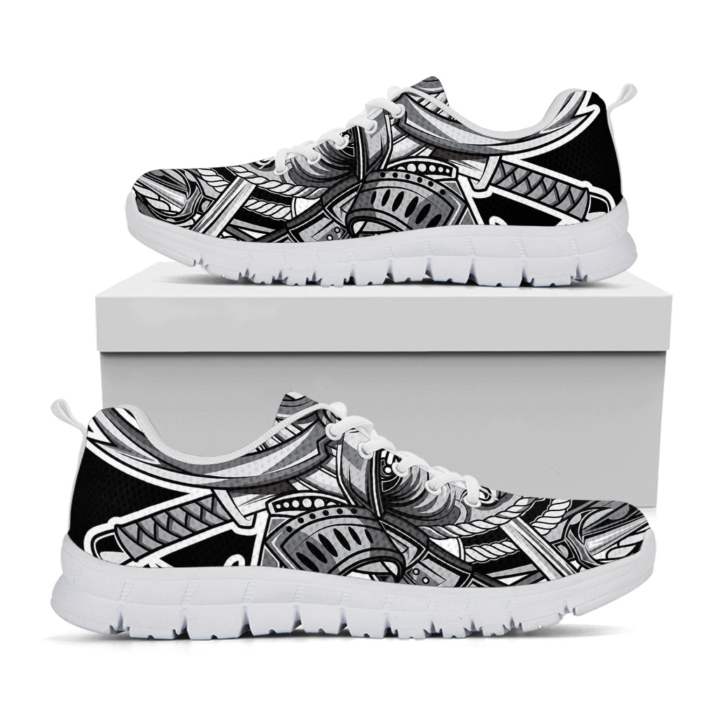 Silver Samurai Mask Print White Sneakers