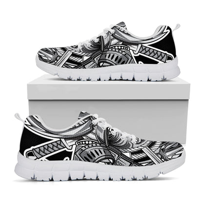 Silver Samurai Mask Print White Sneakers