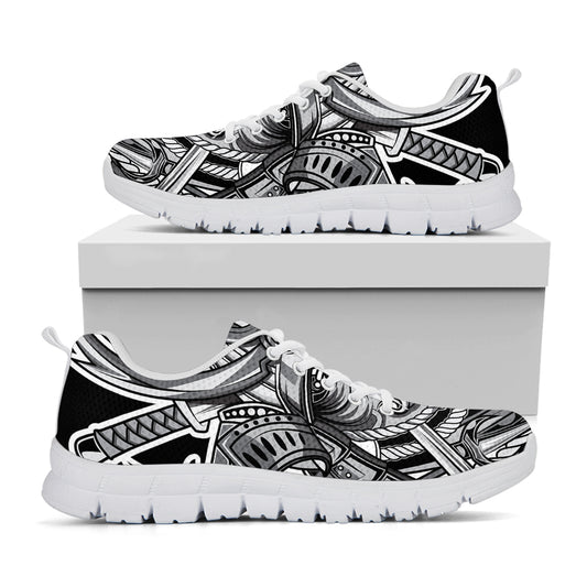 Silver Samurai Mask Print White Sneakers