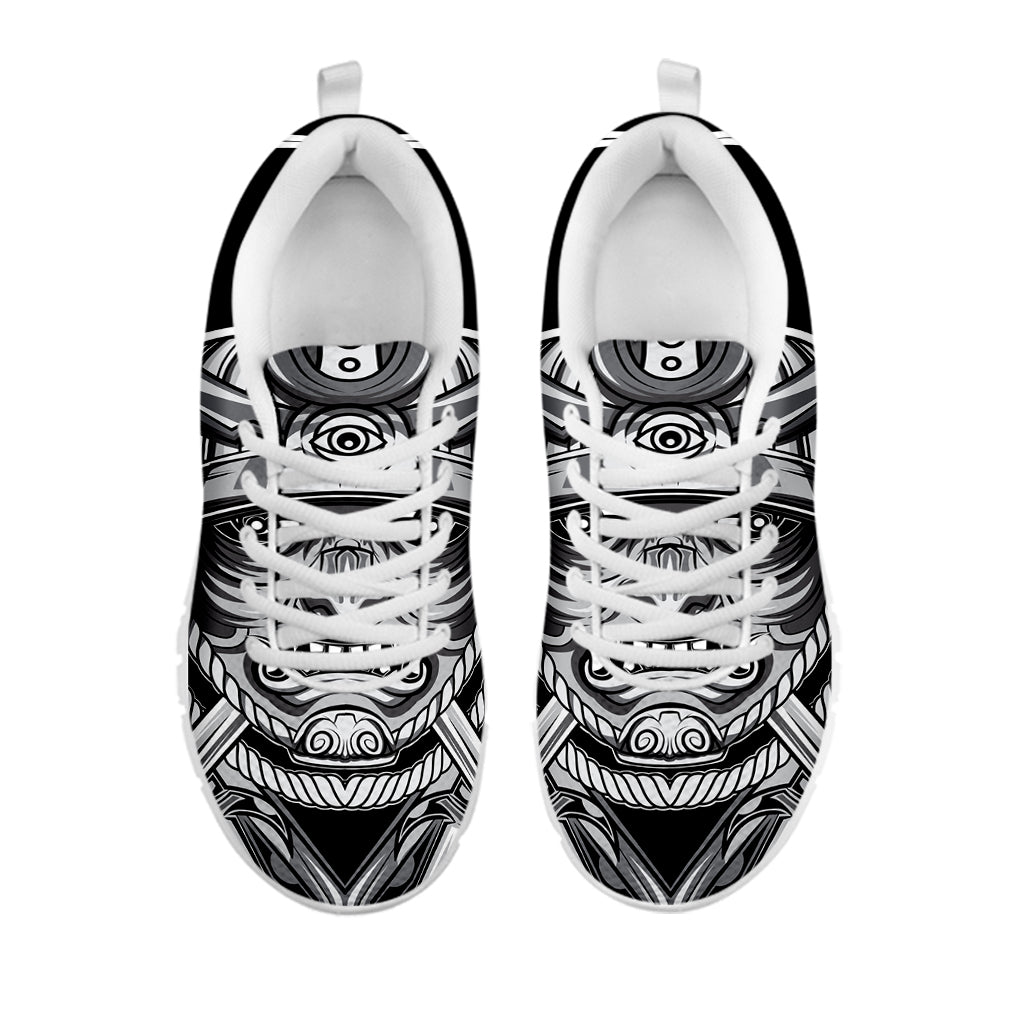 Silver Samurai Mask Print White Sneakers