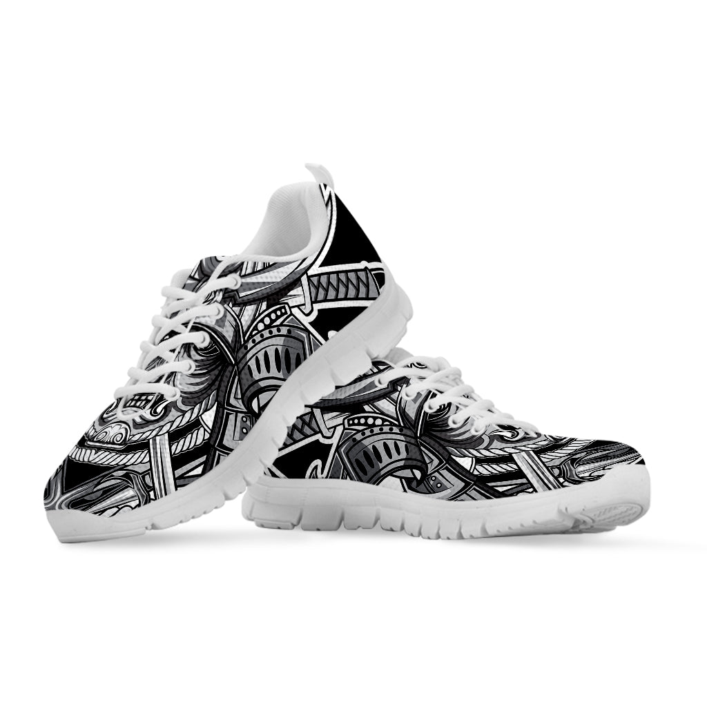 Silver Samurai Mask Print White Sneakers