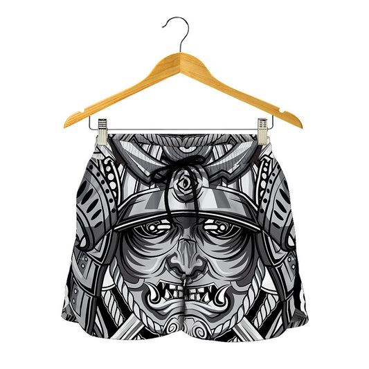 Silver Samurai Mask Print Women's Shorts