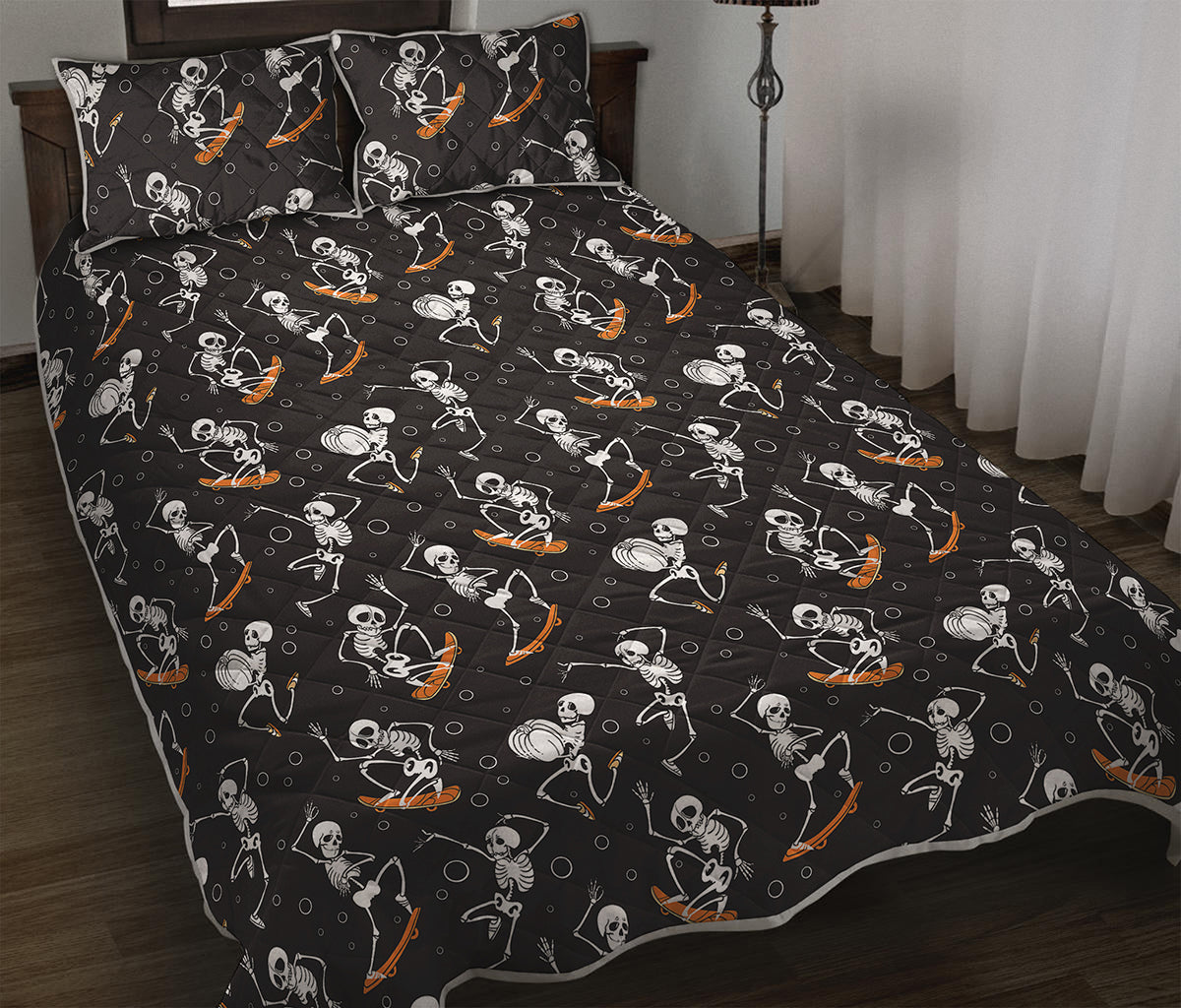 Skateboarding Skeleton Pattern Print Quilt Bed Set
