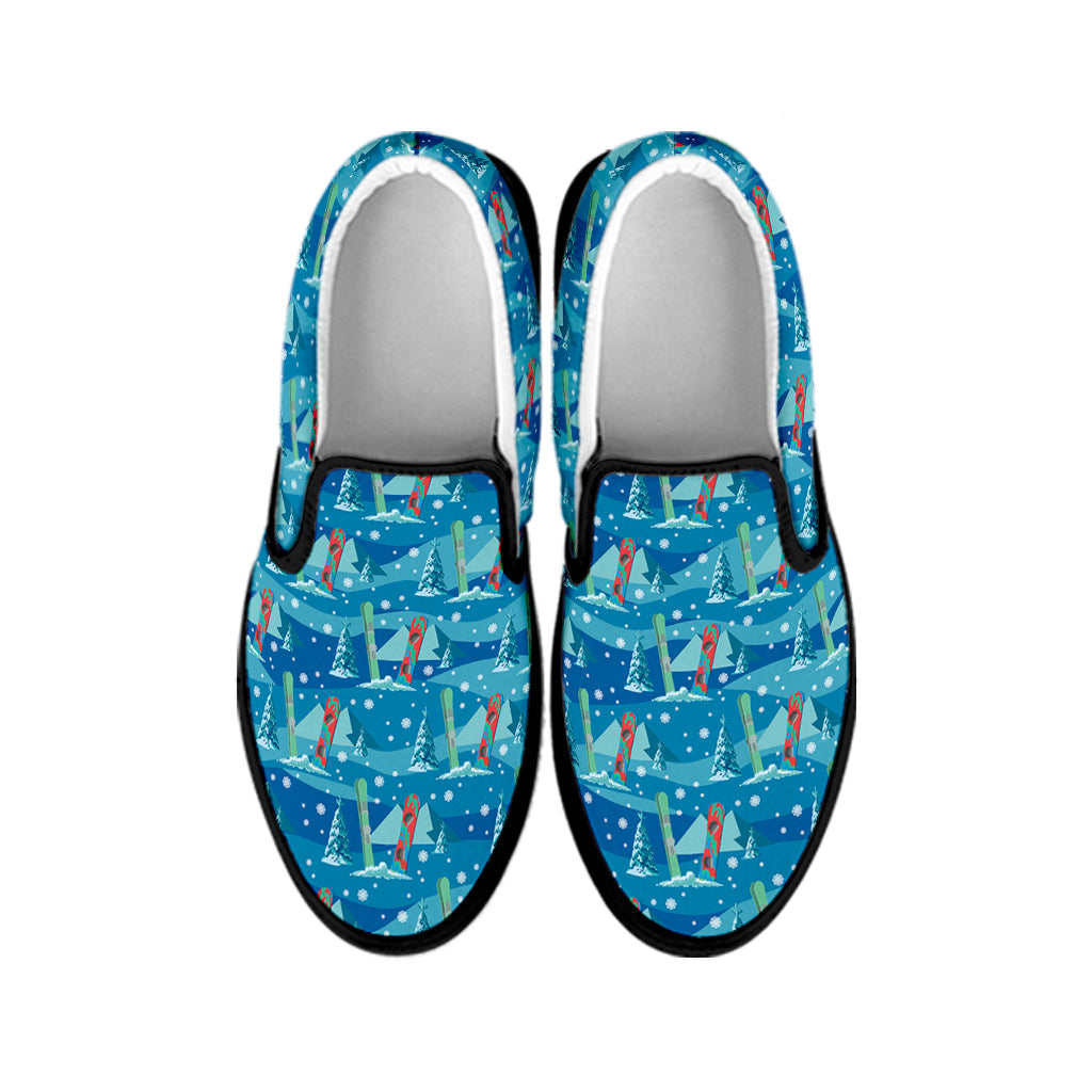 Ski And Snowboard Pattern Print Black Slip On Shoes