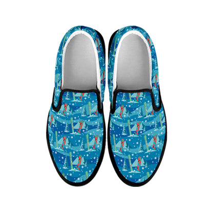 Ski And Snowboard Pattern Print Black Slip On Shoes
