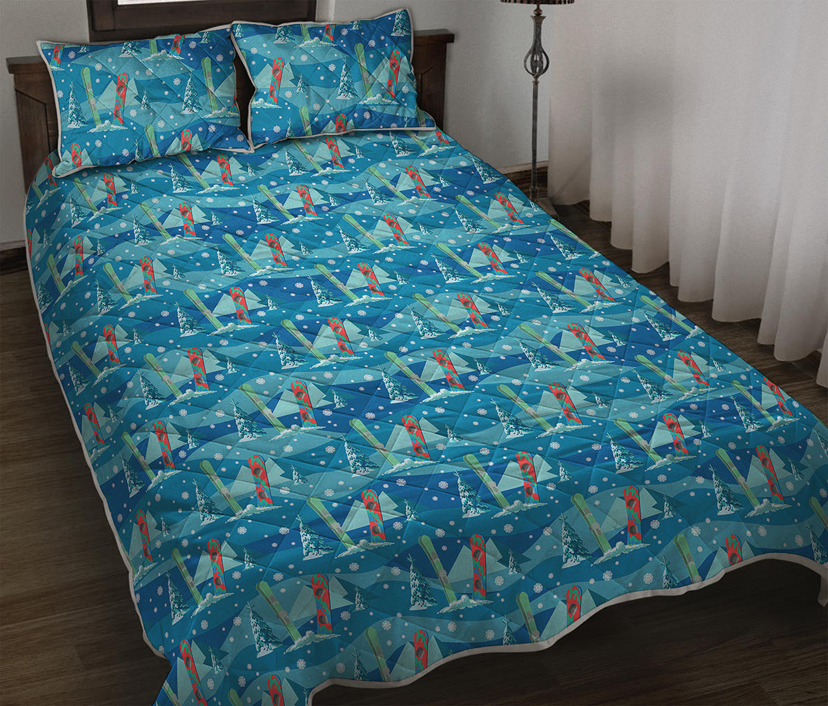 Ski And Snowboard Pattern Print Quilt Bed Set