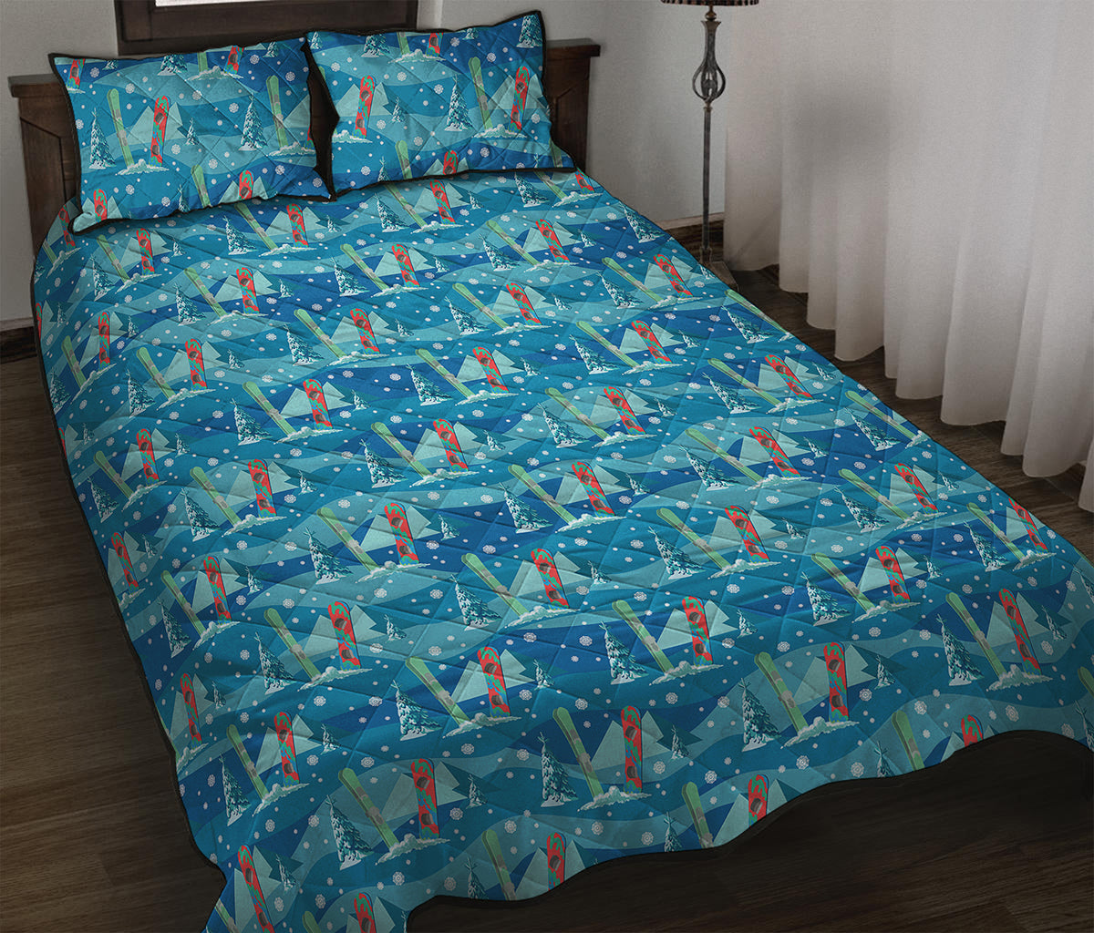 Ski And Snowboard Pattern Print Quilt Bed Set