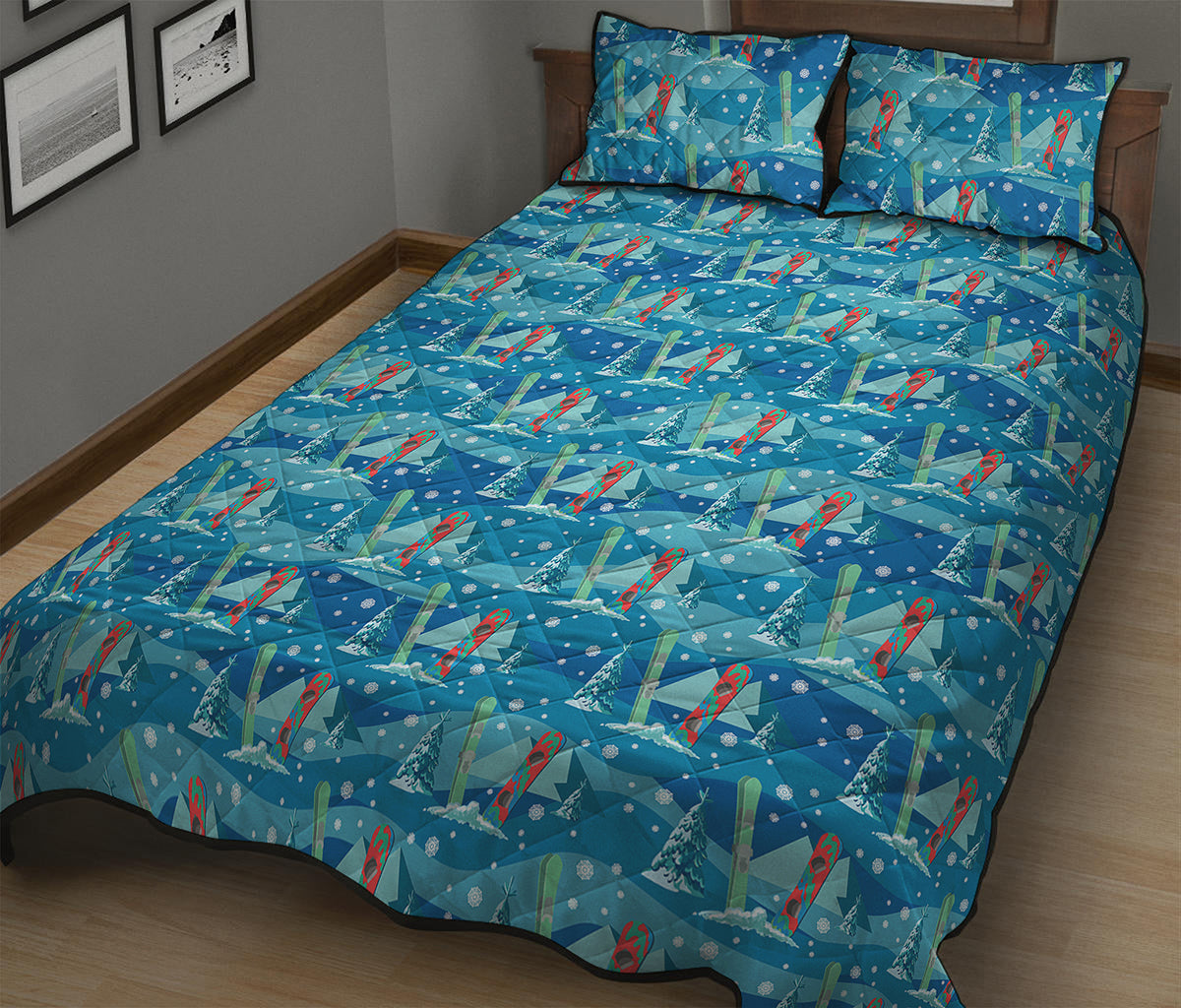 Ski And Snowboard Pattern Print Quilt Bed Set