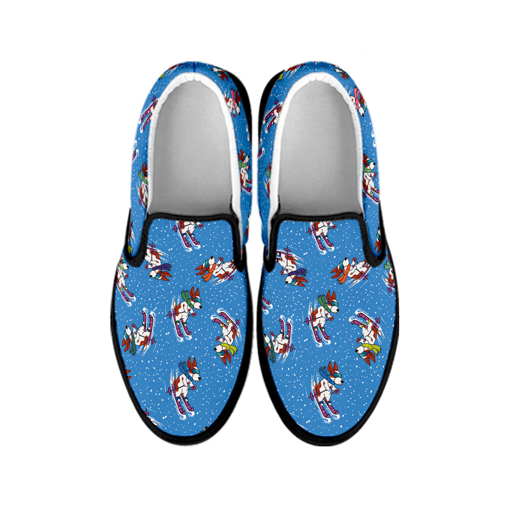 Skiing Dog Pattern Print Black Slip On Shoes