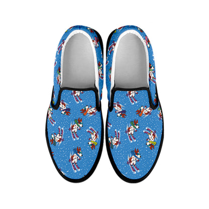 Skiing Dog Pattern Print Black Slip On Shoes