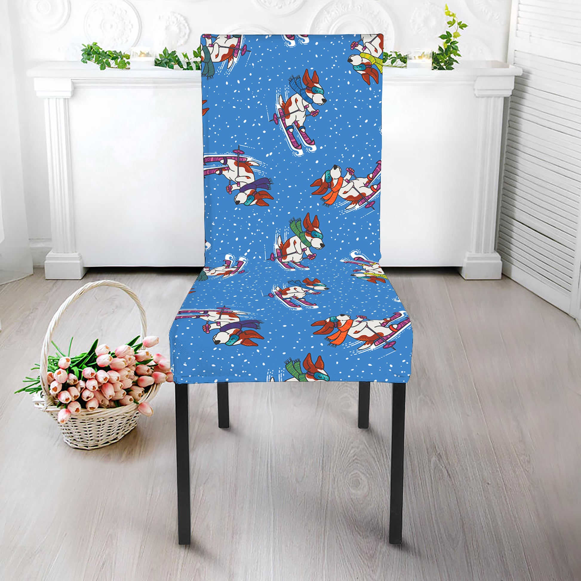 Skiing Dog Pattern Print Dining Chair Slipcover