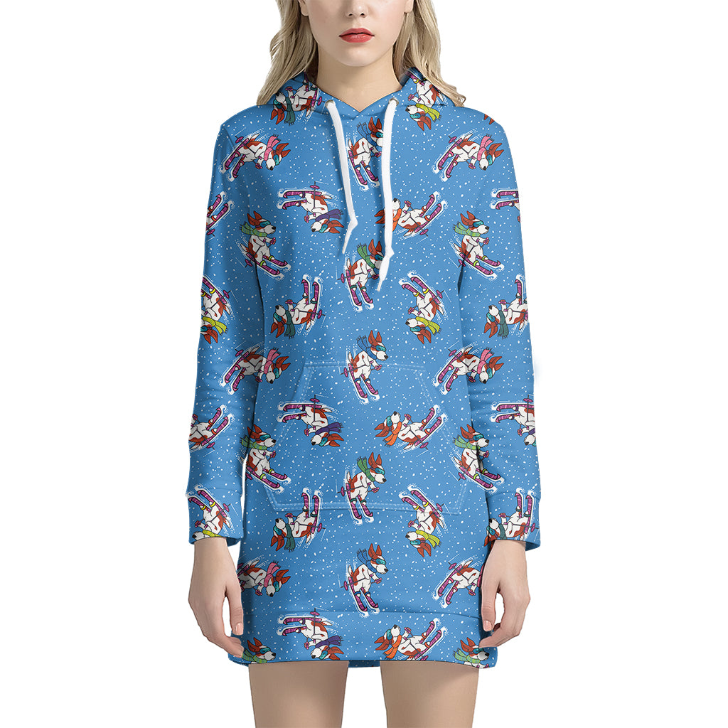 Skiing Dog Pattern Print Hoodie Dress