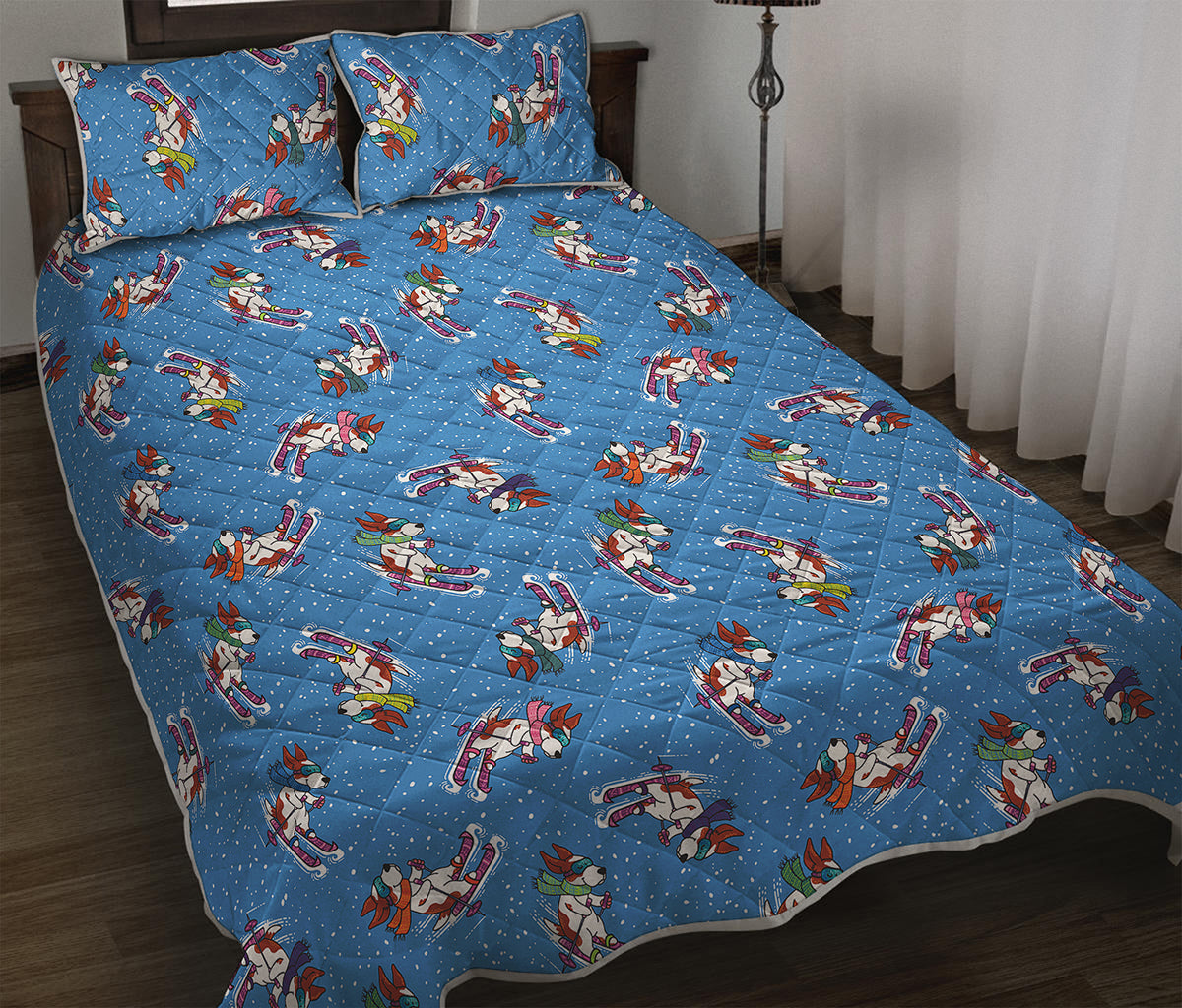 Skiing Dog Pattern Print Quilt Bed Set