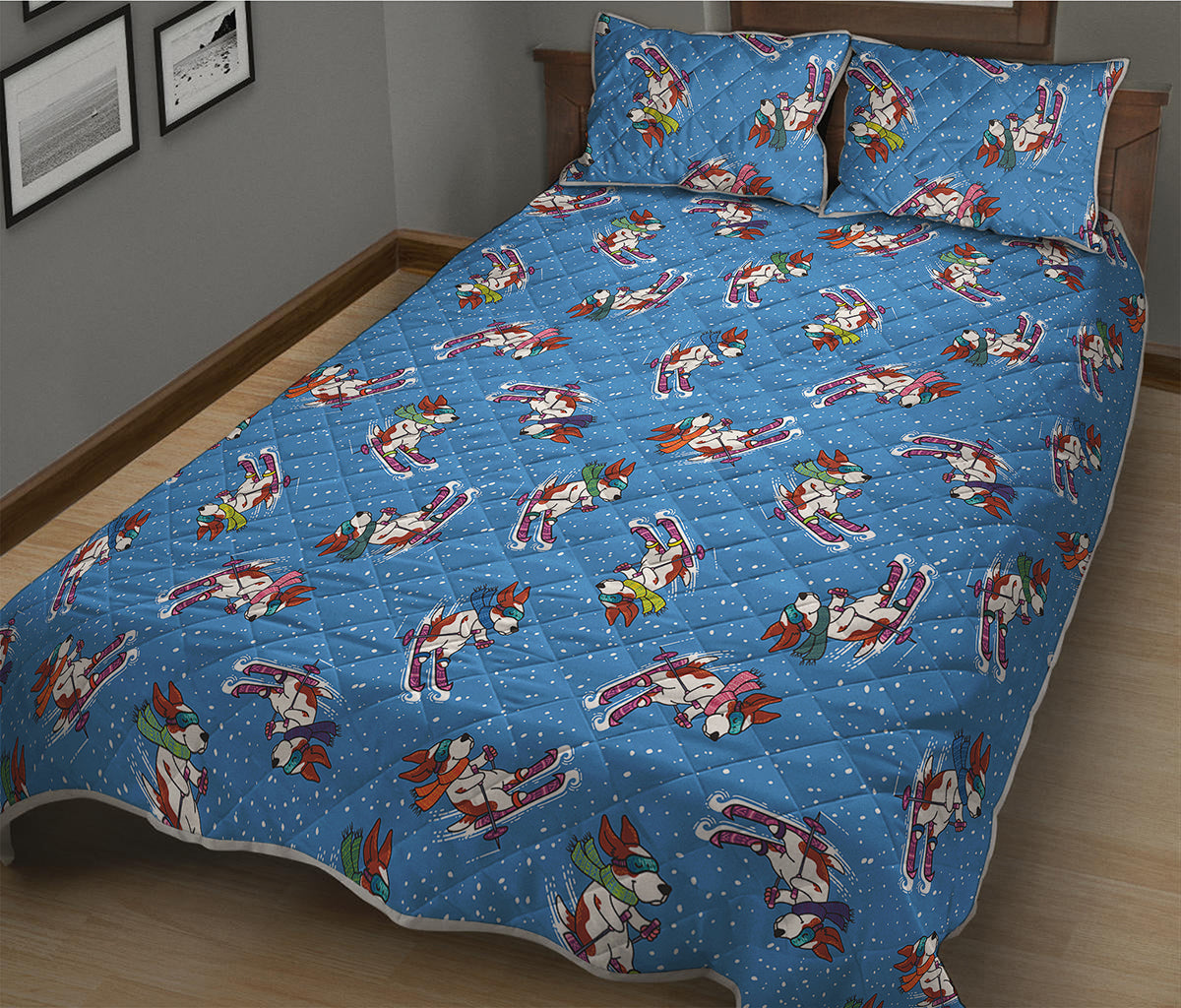 Skiing Dog Pattern Print Quilt Bed Set