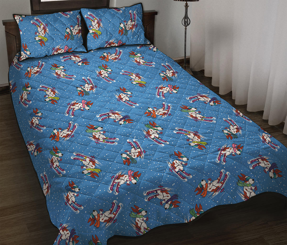 Skiing Dog Pattern Print Quilt Bed Set