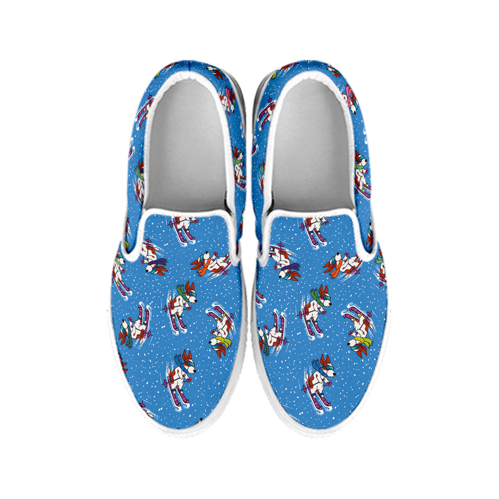 Skiing Dog Pattern Print White Slip On Shoes