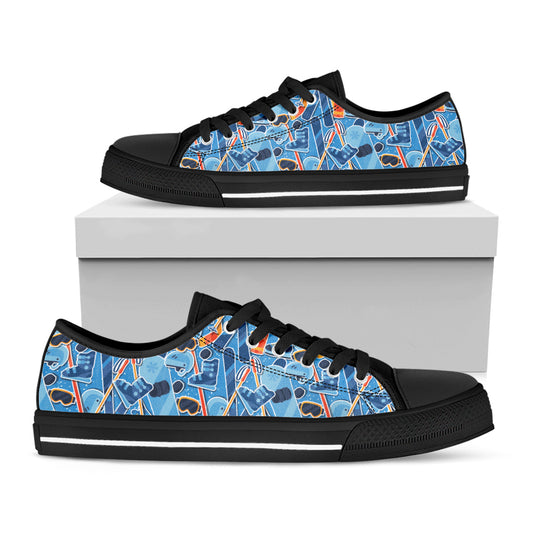 Skiing Equipment Pattern Print Black Low Top Shoes
