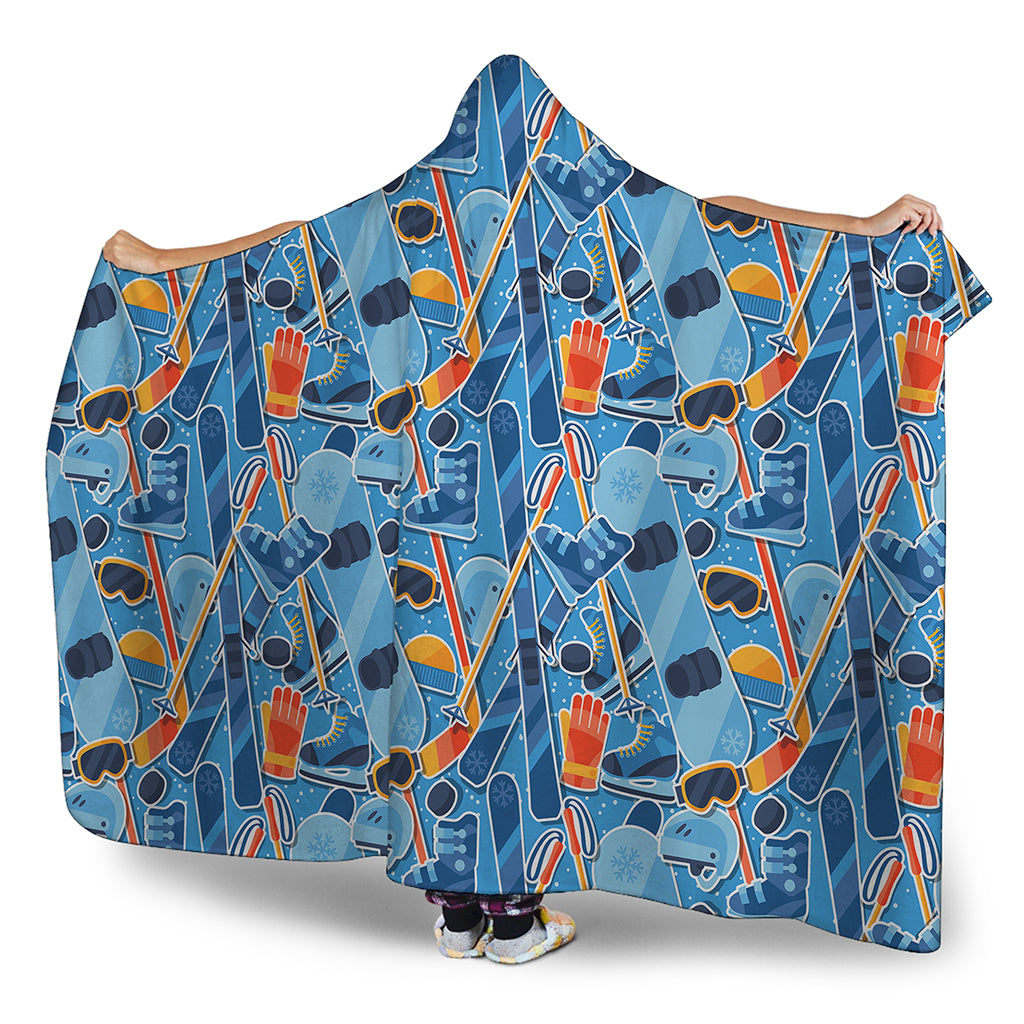 Skiing Equipment Pattern Print Hooded Blanket