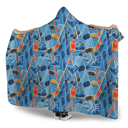 Skiing Equipment Pattern Print Hooded Blanket