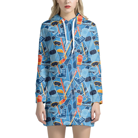 Skiing Equipment Pattern Print Hoodie Dress