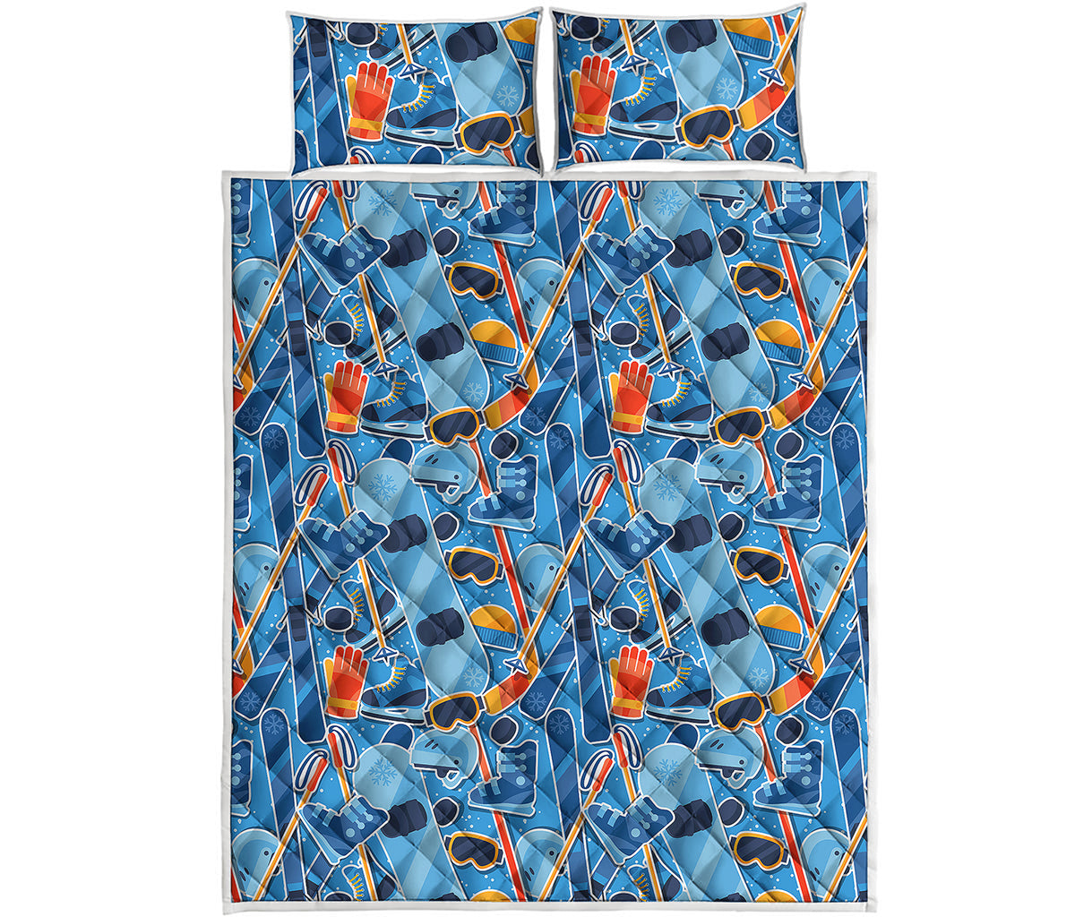 Skiing Equipment Pattern Print Quilt Bed Set