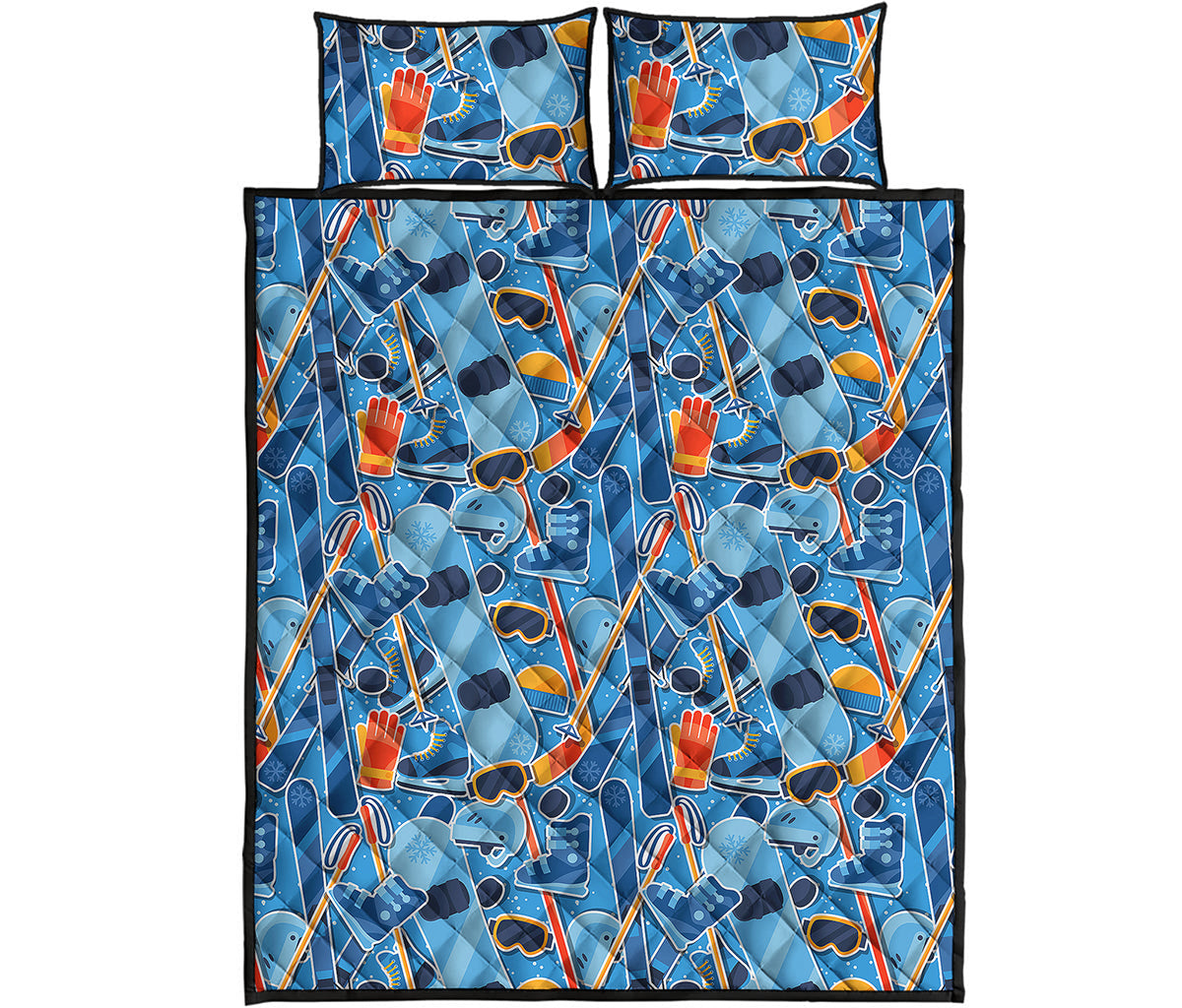 Skiing Equipment Pattern Print Quilt Bed Set