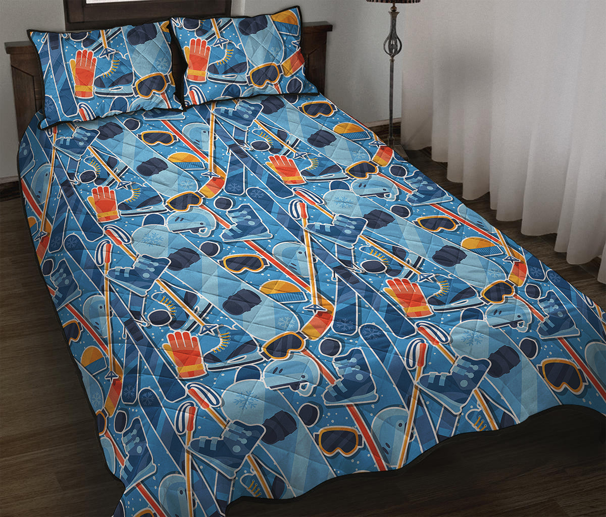 Skiing Equipment Pattern Print Quilt Bed Set