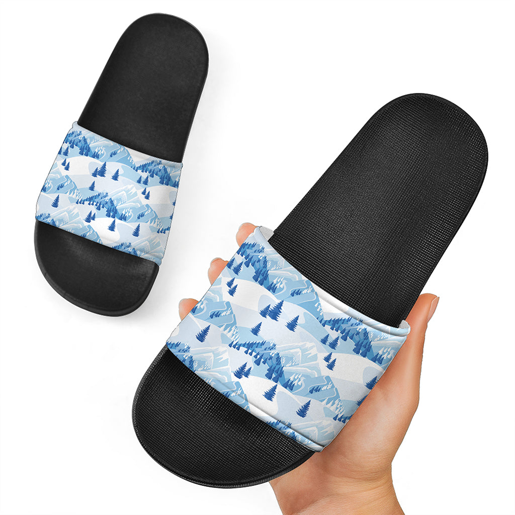 Skiing Mountain Print Black Slide Sandals