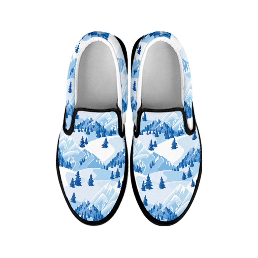 Skiing Mountain Print Black Slip On Shoes
