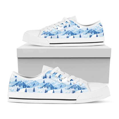 Skiing Mountain Print White Low Top Shoes