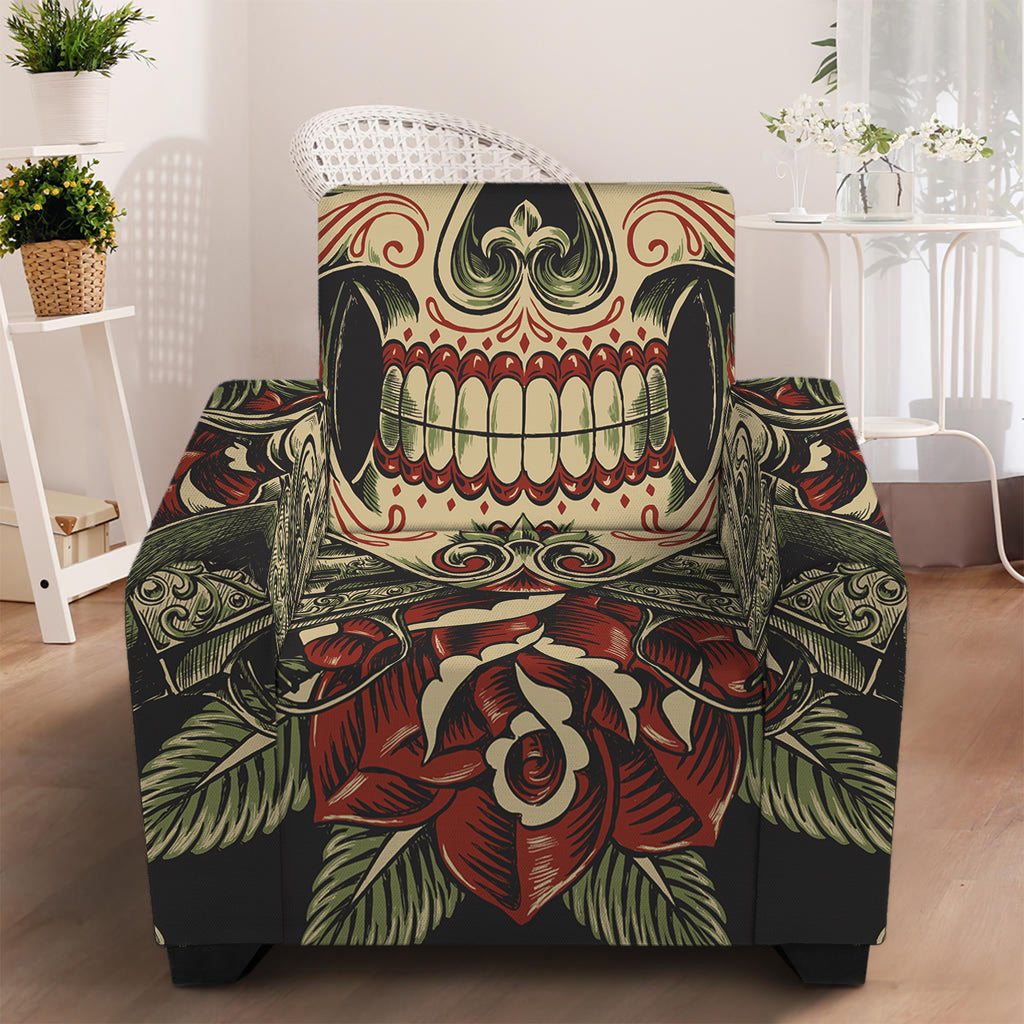 Skull And Roses Tattoo Print Armchair Slipcover