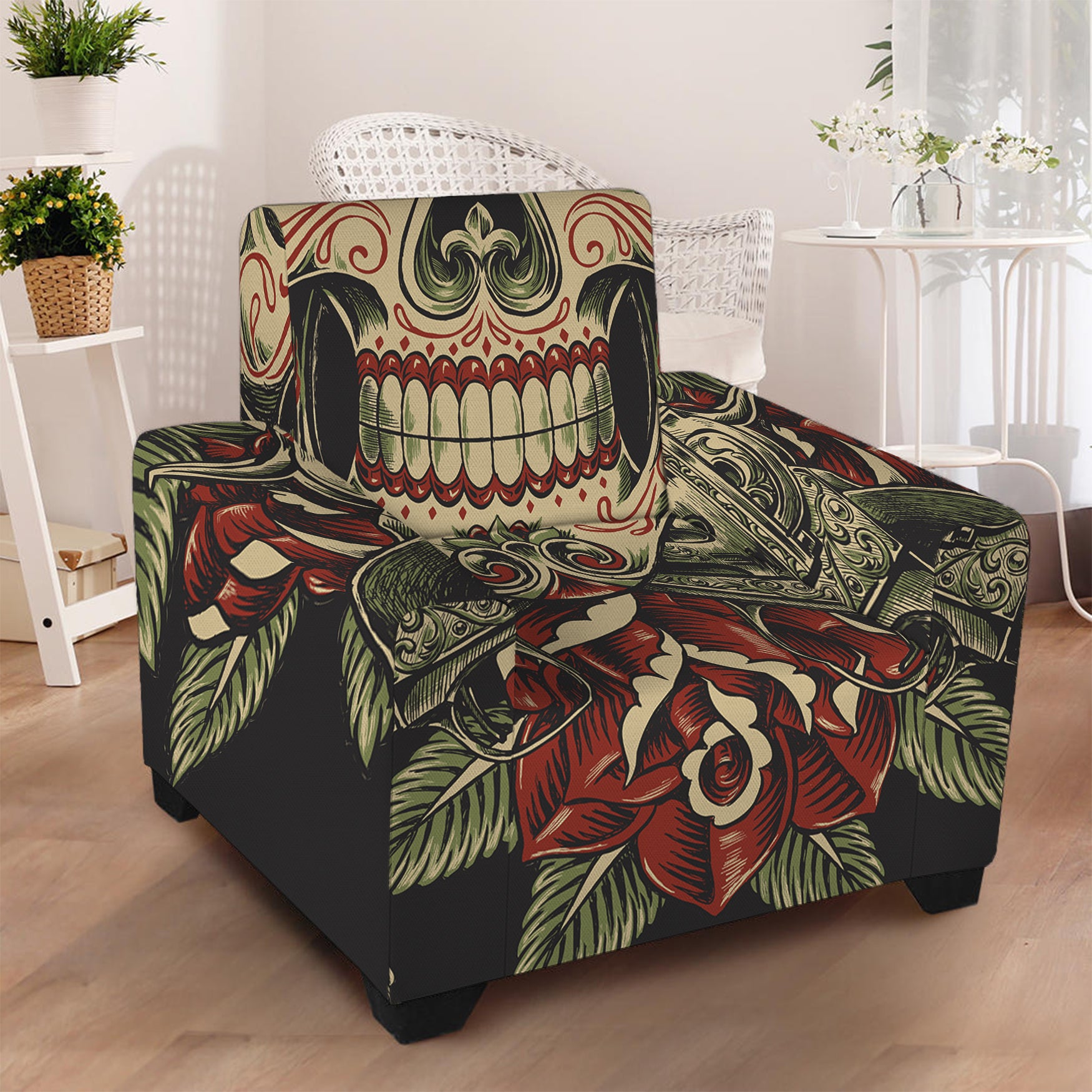 Skull And Roses Tattoo Print Armchair Slipcover