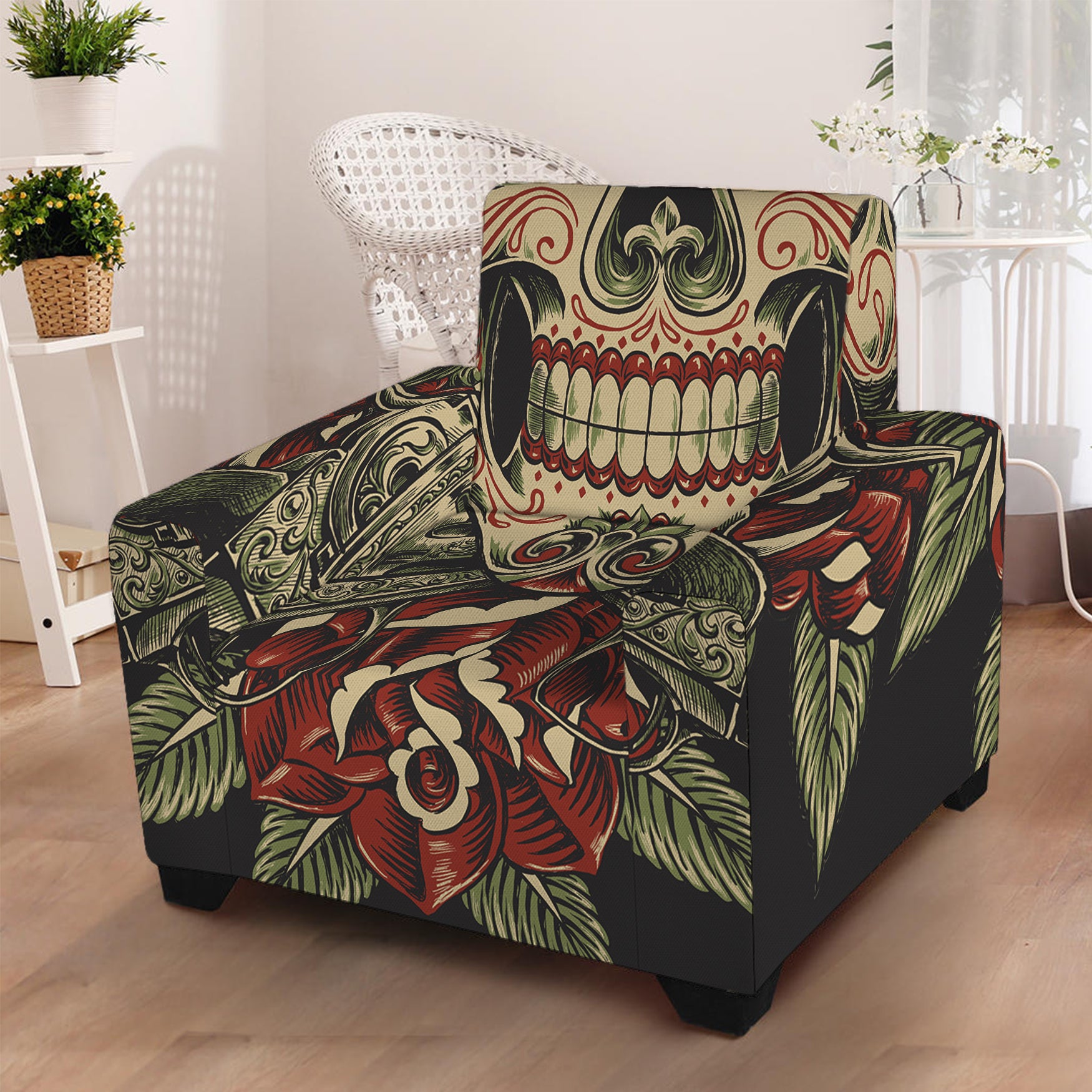 Skull And Roses Tattoo Print Armchair Slipcover