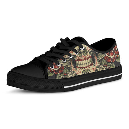 Skull And Roses Tattoo Print Black Low Top Shoes