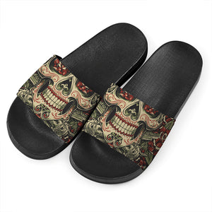 Skull And Roses Tattoo Print Black Slide Sandals