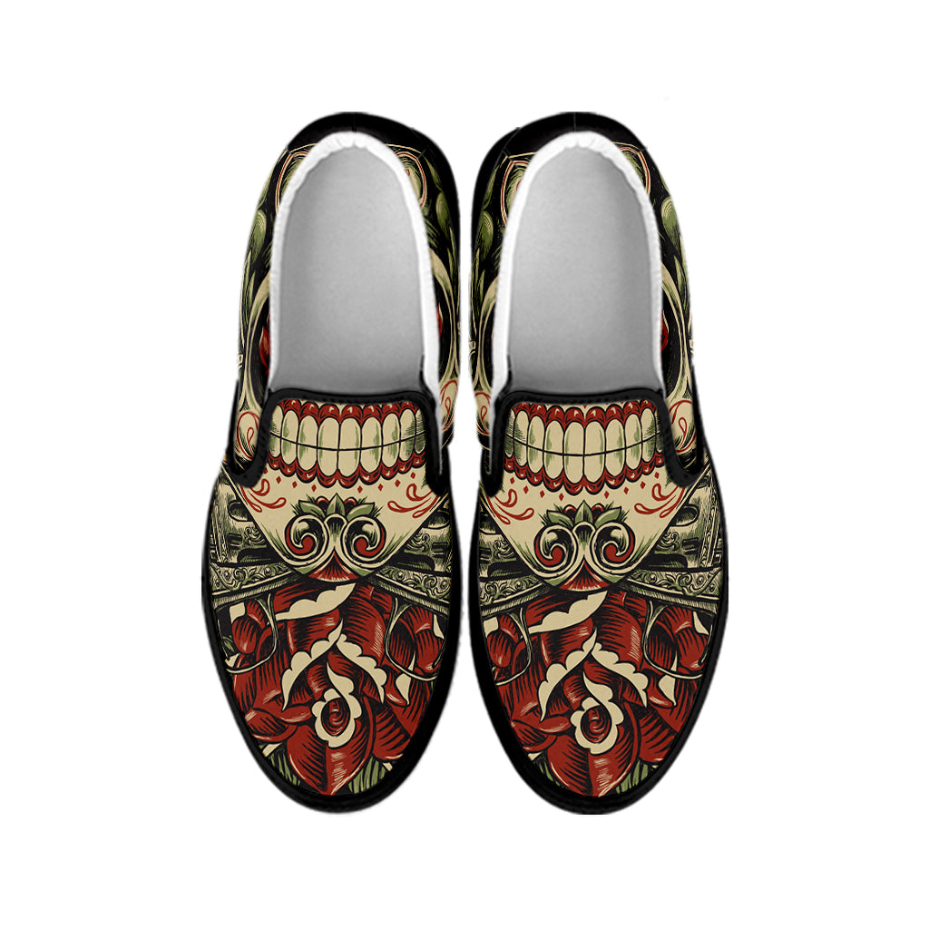 Skull And Roses Tattoo Print Black Slip On Shoes