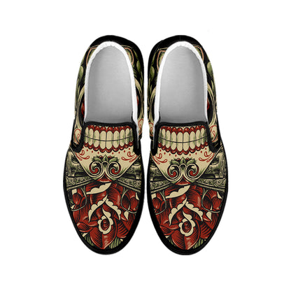 Skull And Roses Tattoo Print Black Slip On Shoes