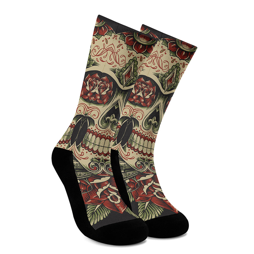 Skull And Roses Tattoo Print Crew Socks