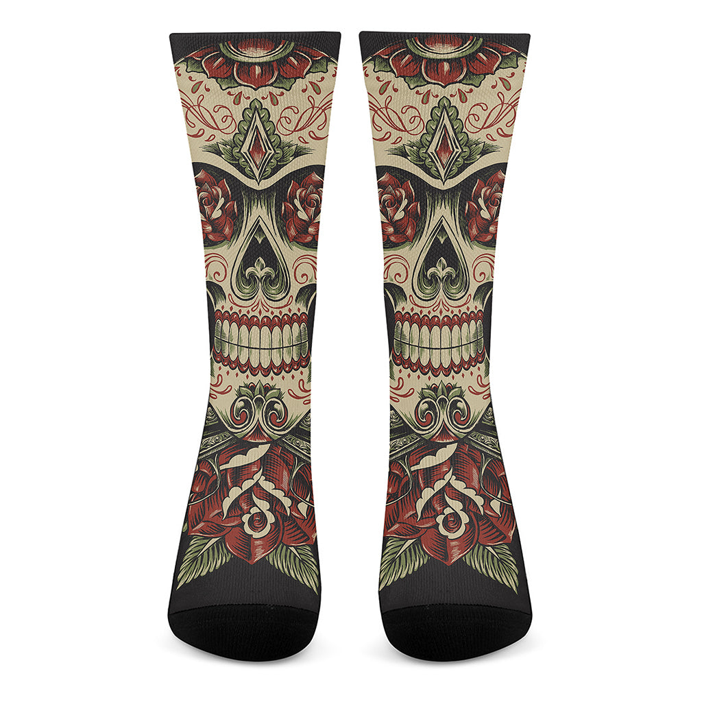 Skull And Roses Tattoo Print Crew Socks