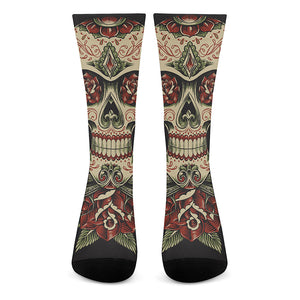 Skull And Roses Tattoo Print Crew Socks