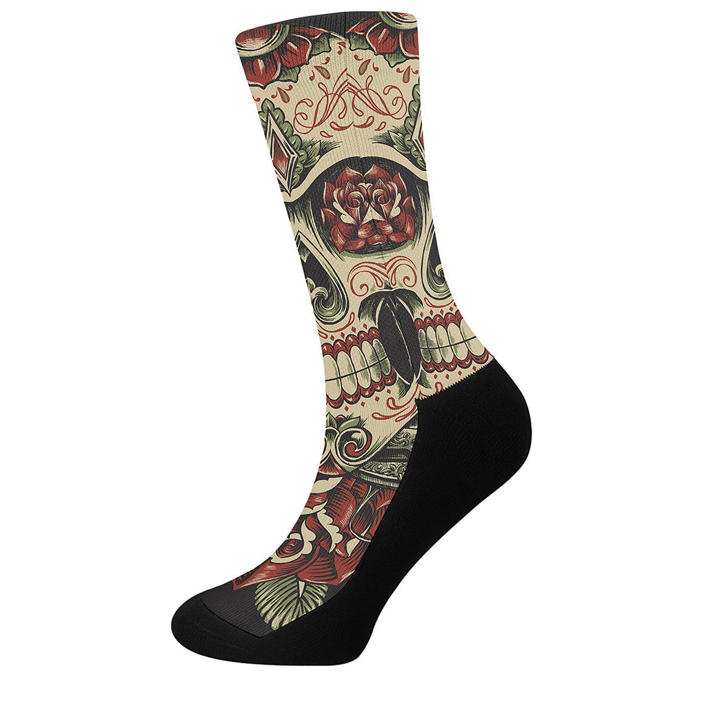 Skull And Roses Tattoo Print Crew Socks